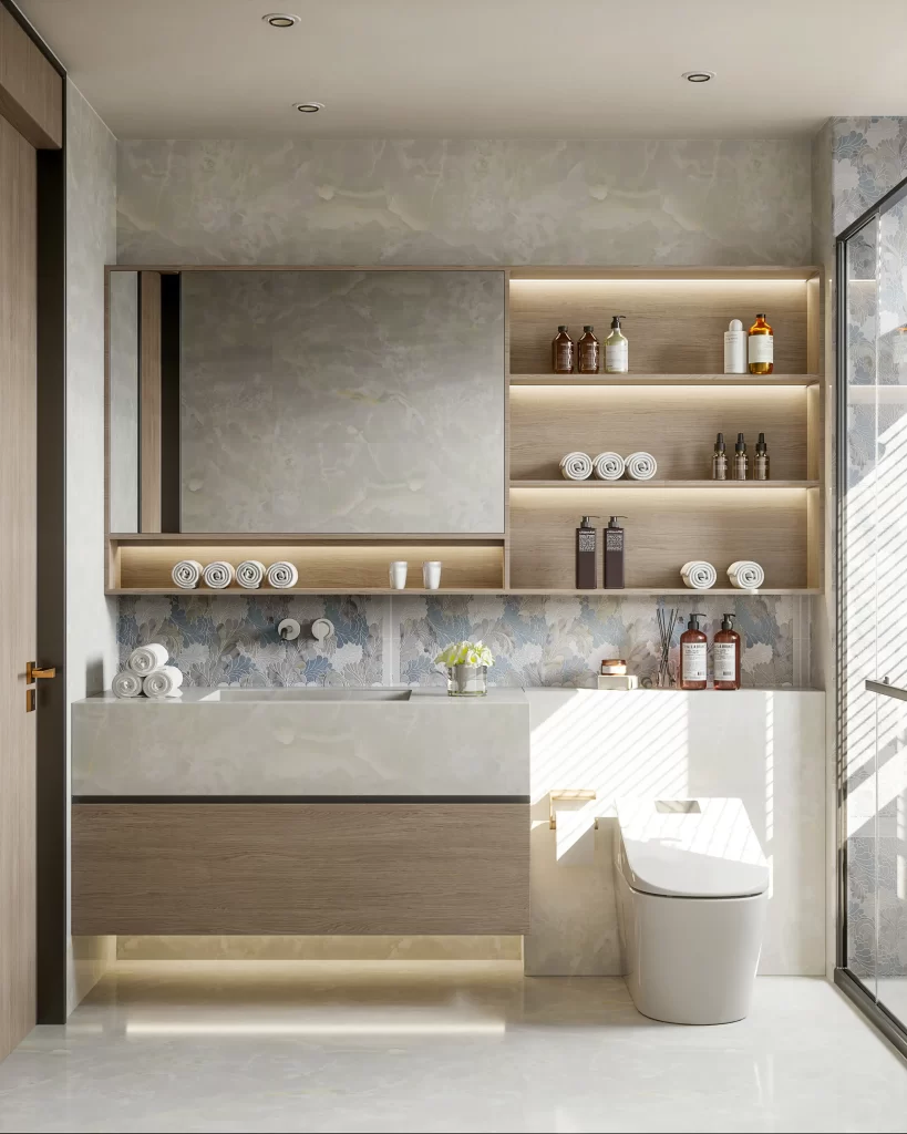 Modern Minimalist Bathroom Neutral Wood Marble