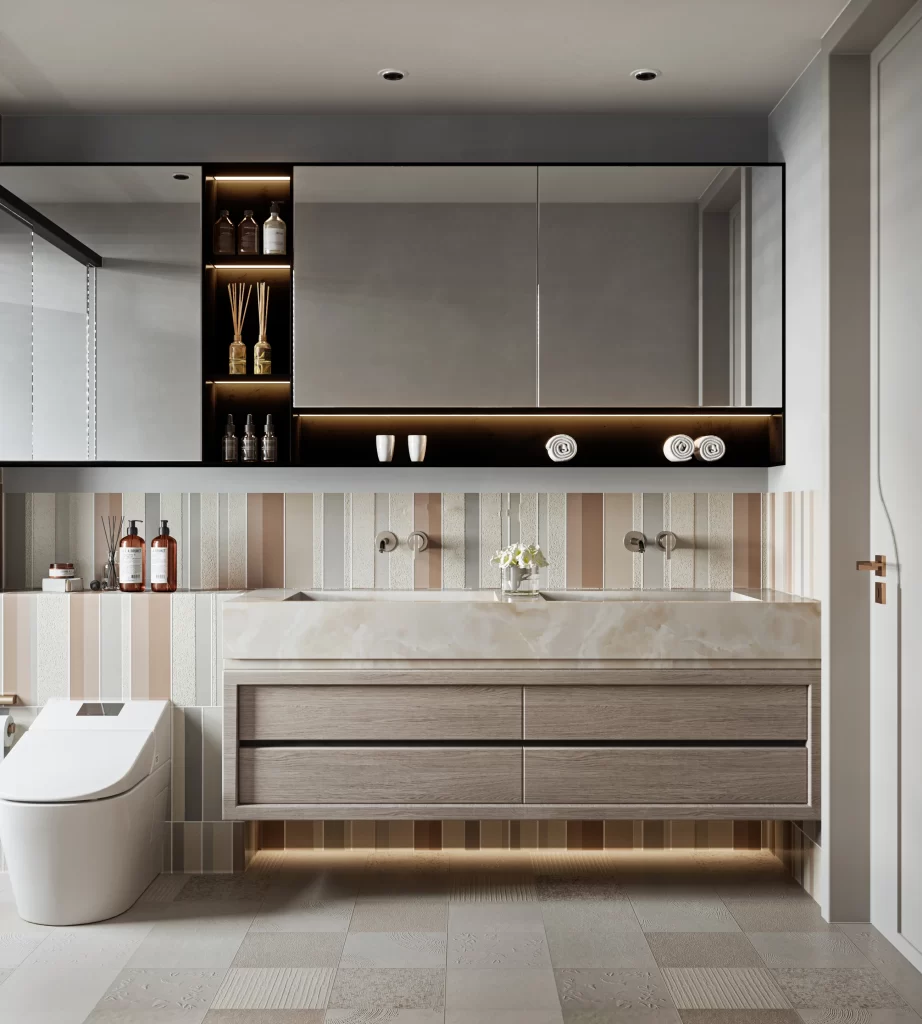 Modern Minimalist Bathroom Neutral Wood Tiled