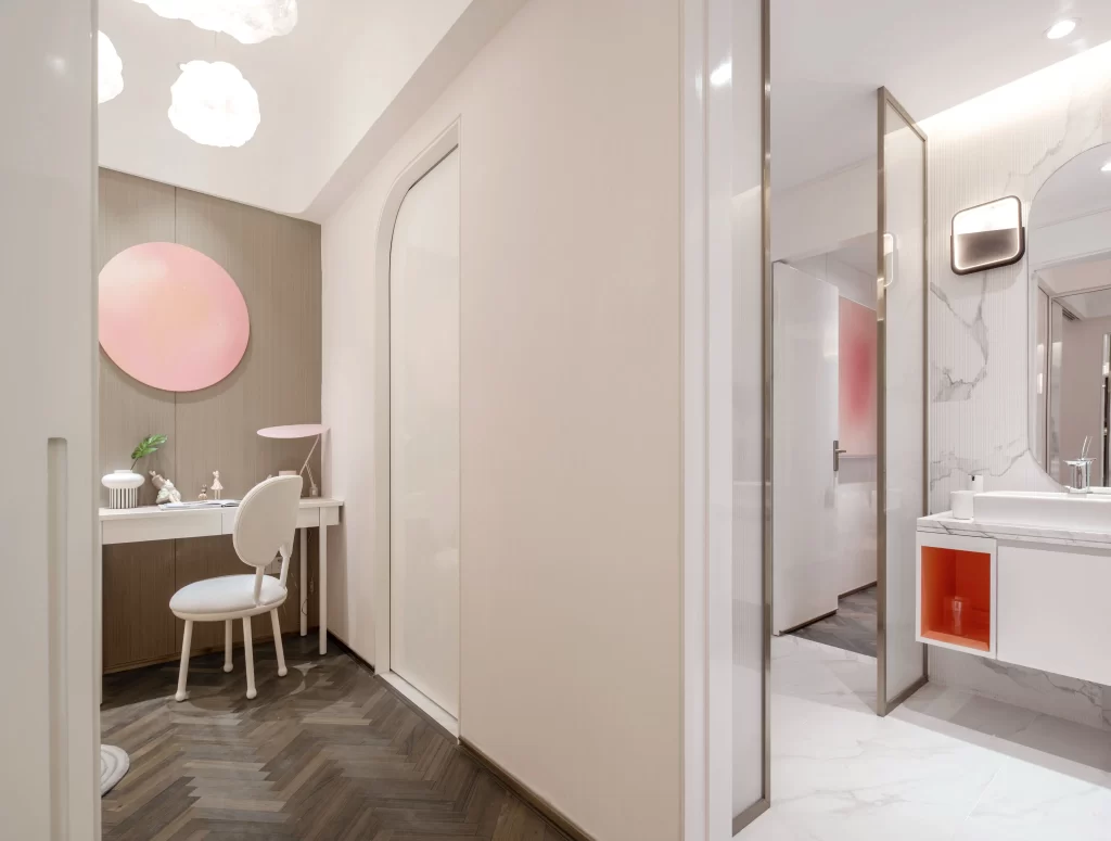 Modern Minimalist Bathroom White Marble Pink Accents Dark Wood Floor