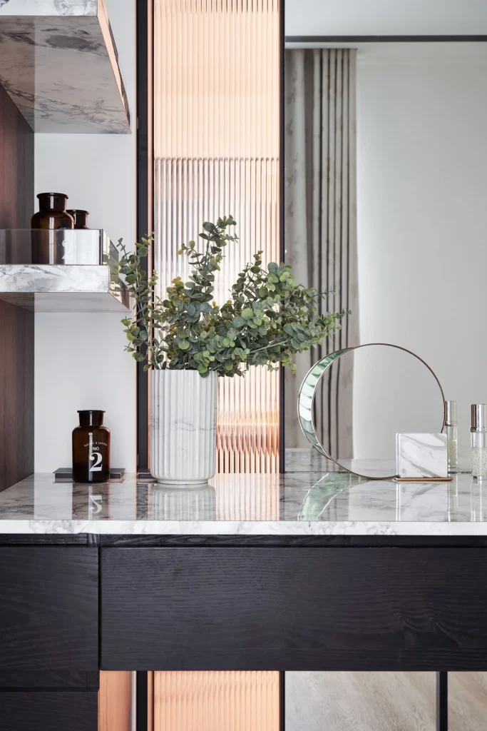 Modern Minimalist Bathroom White Neutral Dark Wood Marble