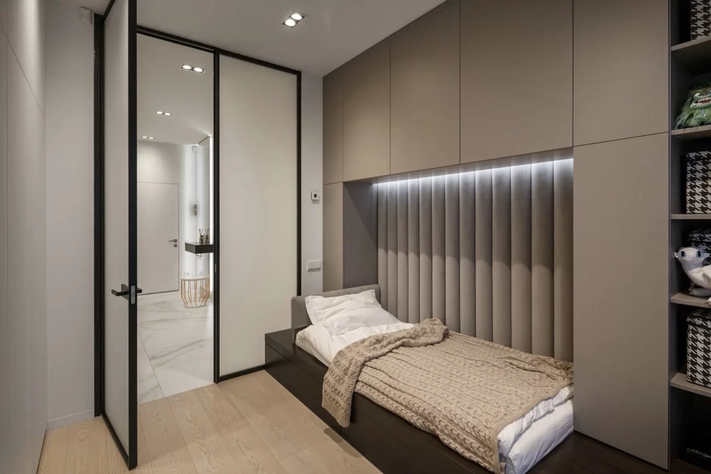 Modern Minimalist Bedroom Neutral Beige Soft Lighting Built-in Storage