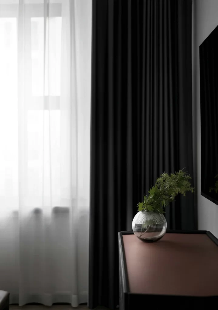 Modern Minimalist Bedroom Neutral Dark Curtains Glass Vase