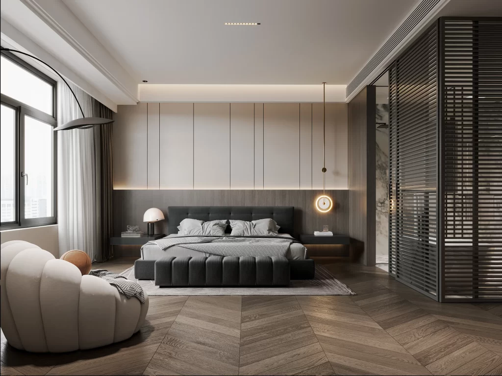 Modern Minimalist Bedroom Neutral Dark Wood