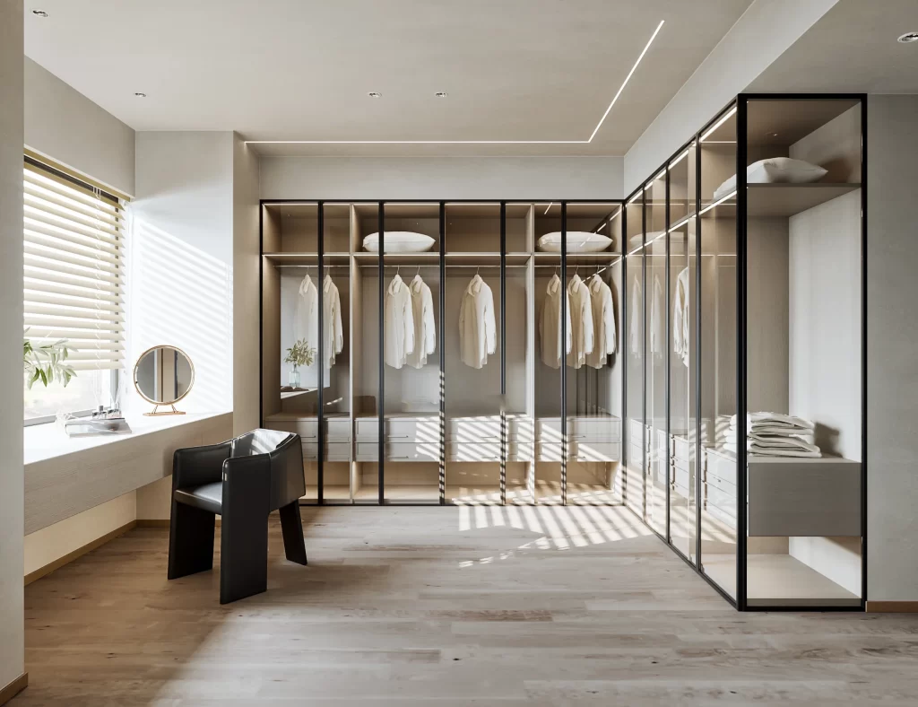Modern Minimalist Bedroom Neutral Glass Wardrobe