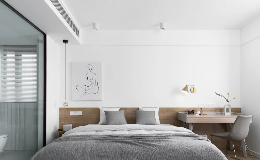 Modern Minimalist Bedroom Neutral Grey White Wood