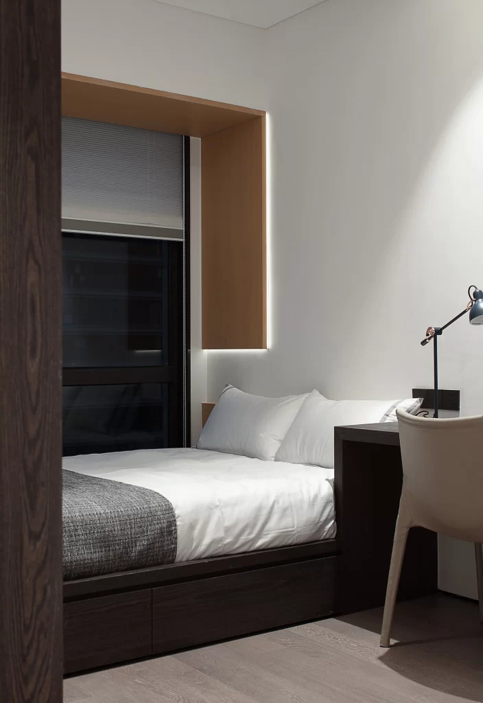 Modern Minimalist Bedroom Neutral White Dark Wood