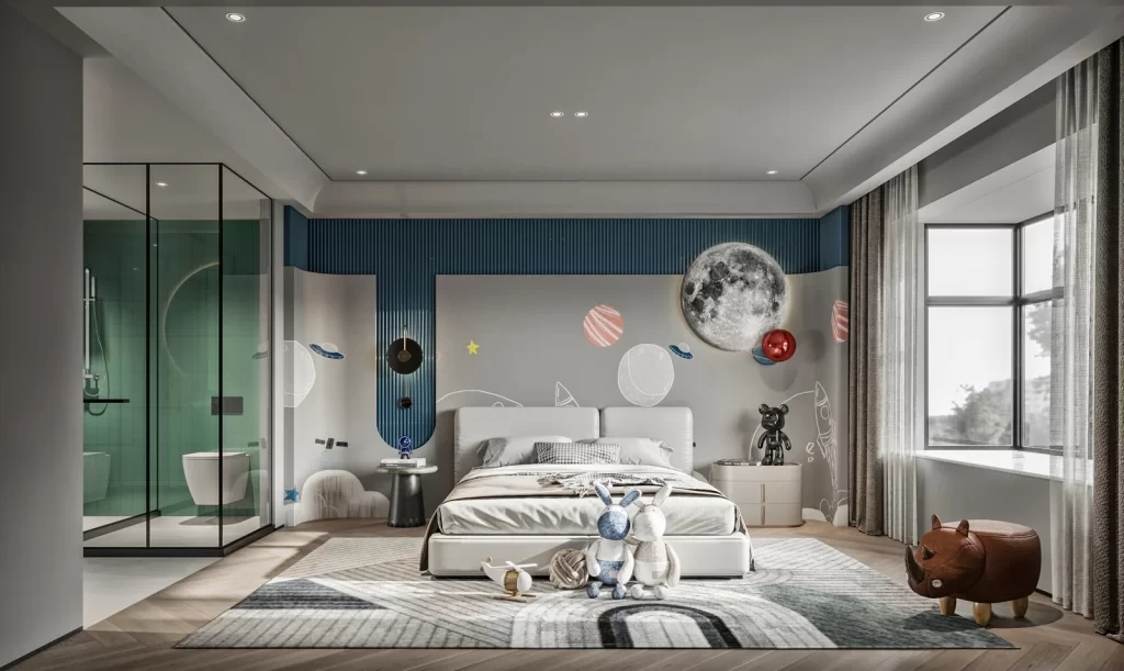 Modern Minimalist Bedroom Space-themed Neutral