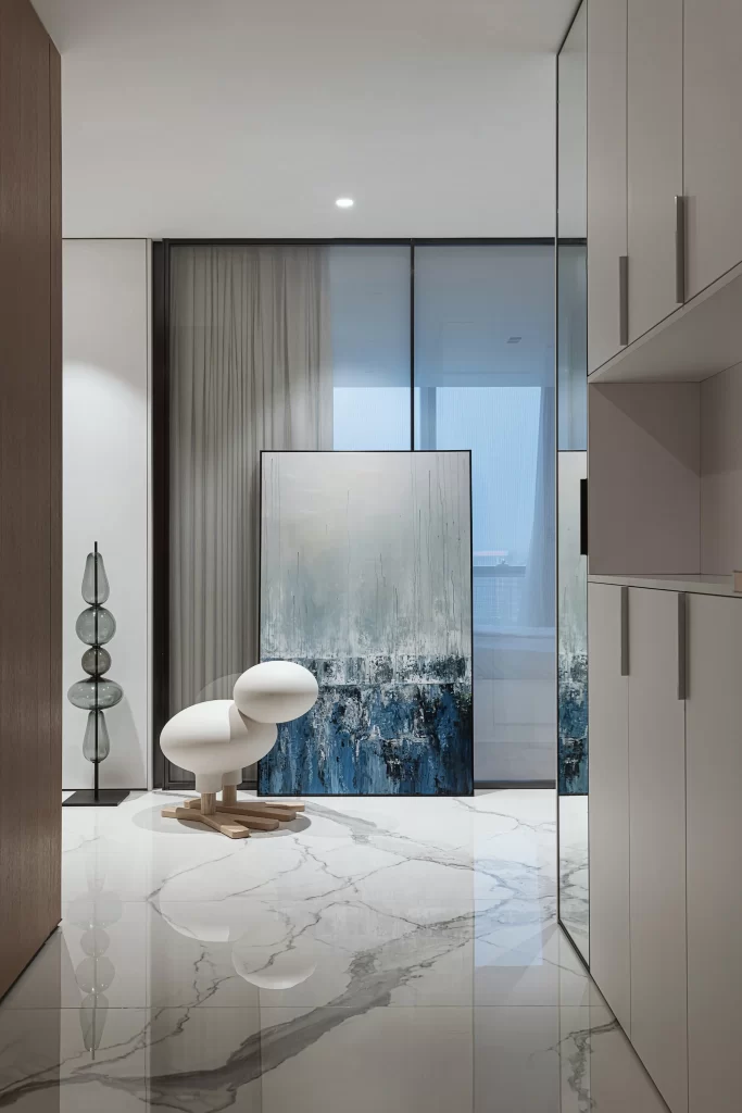 Modern Minimalist Bedroom White Marble Neutral Blue Accents