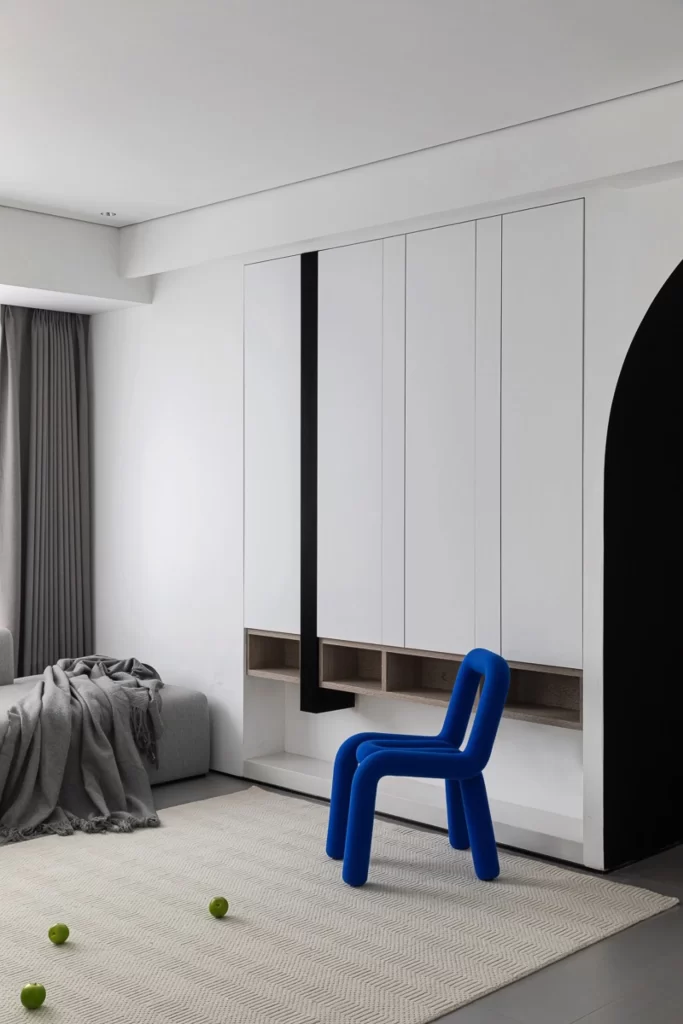 Modern Minimalist Bedroom White Neutral Blue Accents