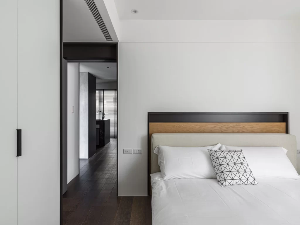 Modern Minimalist Bedroom White Neutral Dark Wood