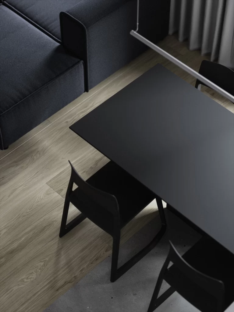 Modern Minimalist Dining Room Black Neutral Glass Greenery