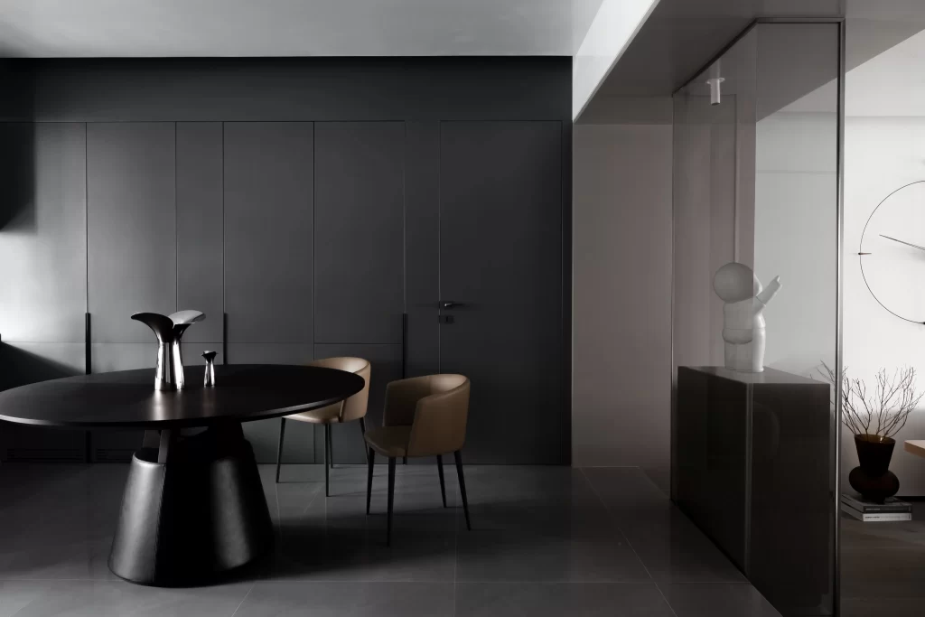 Modern Minimalist Dining Room Dark Gray Neutral Black Furniture