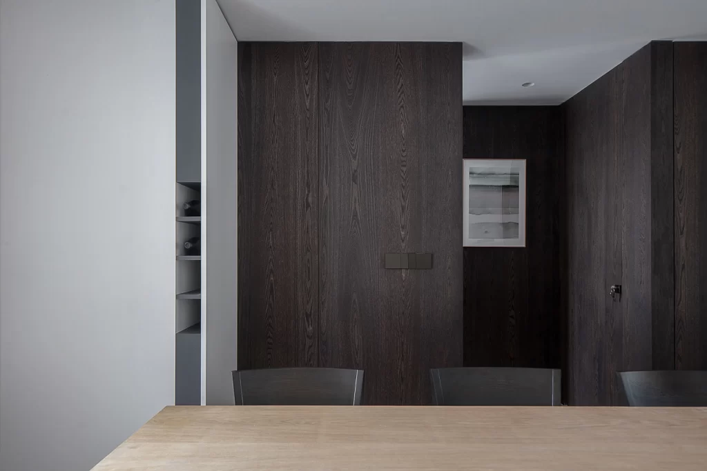 Modern Minimalist Dining Room Dark Wood Neutral Tones Simple