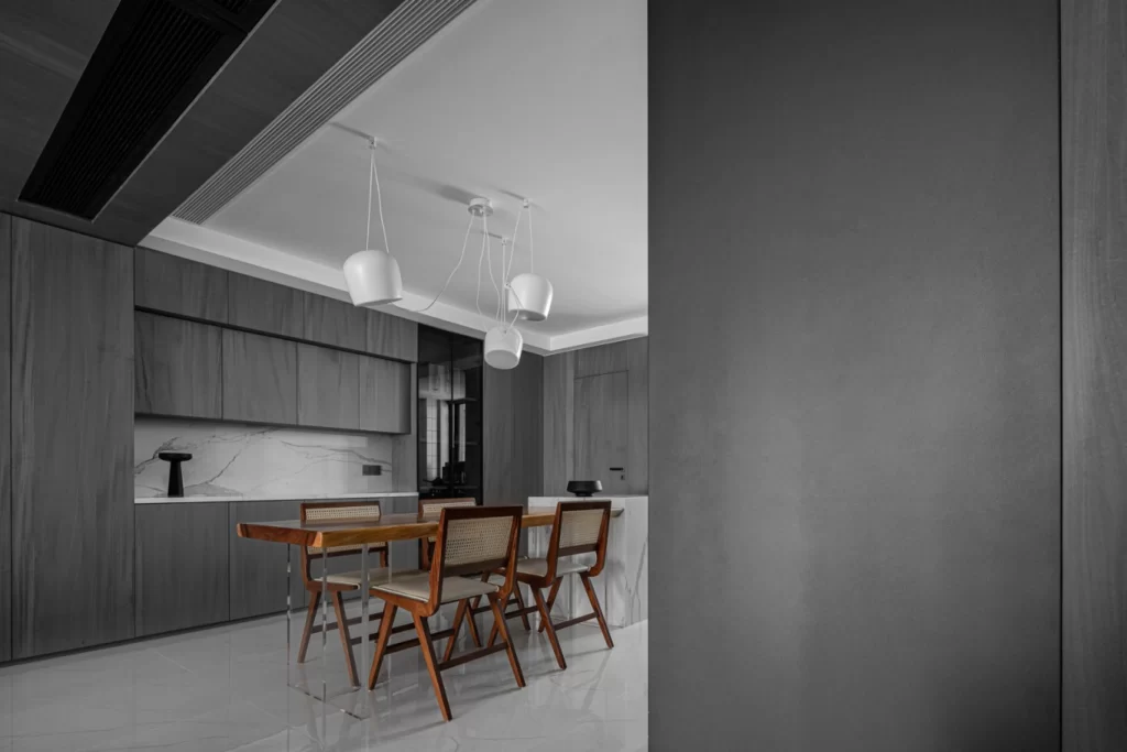 Modern Minimalist Dining Room Grey Neutral Dark Wood