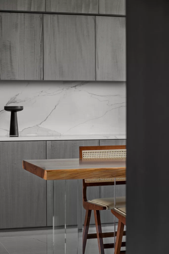 Modern Minimalist Dining Room Grey Neutral Wood Transparent