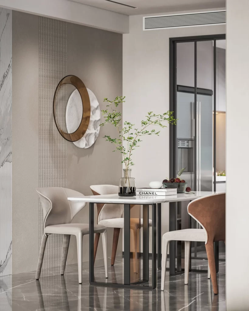 Modern Minimalist Dining Room Neutral Beige Greenery