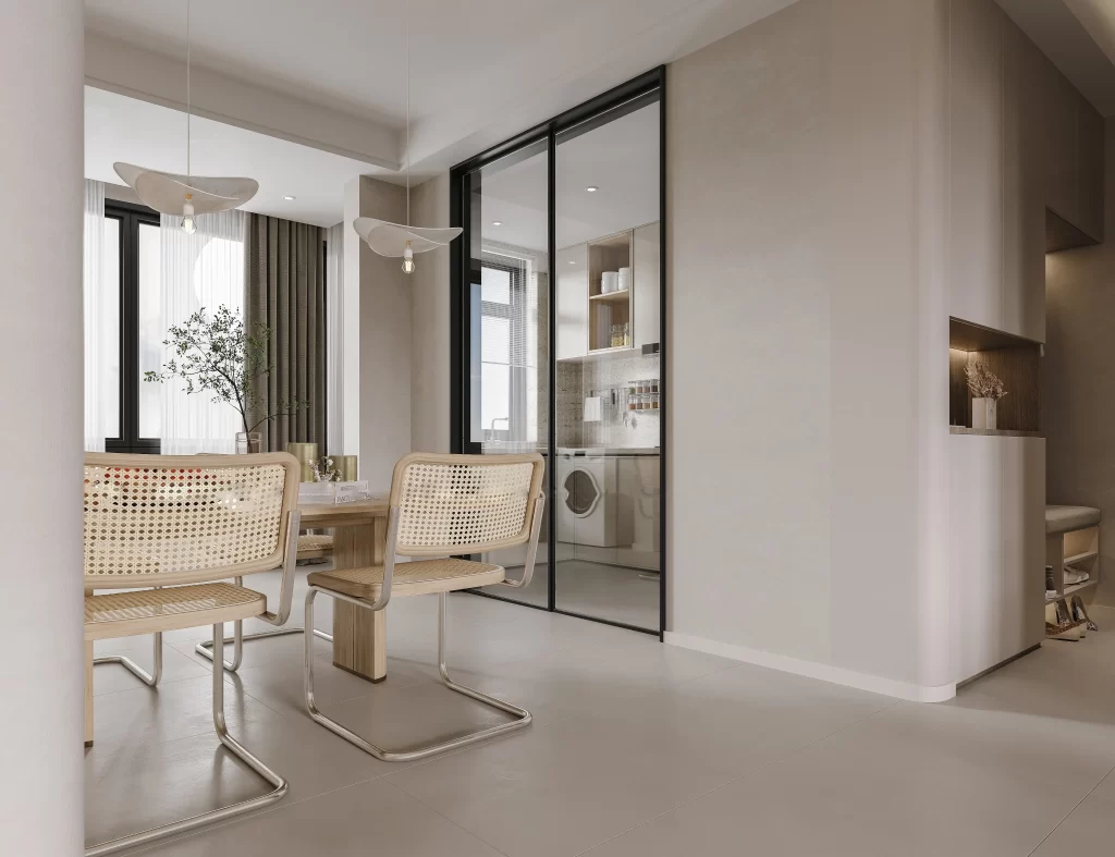Modern Minimalist Dining Room Neutral Light Wood Beige Black