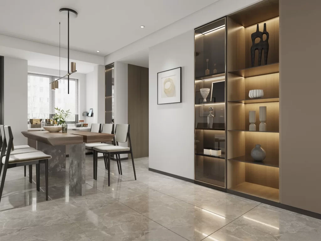 Modern Minimalist Dining Room Neutral Tones Marble Accents