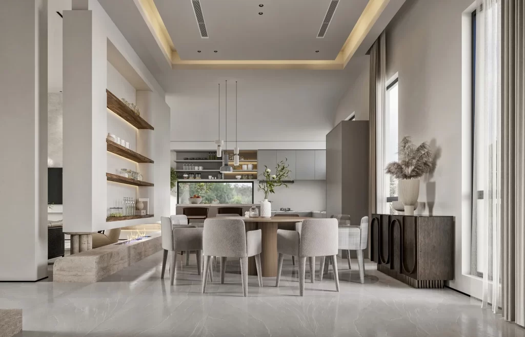 Modern Minimalist Dining Room Neutral Tones Natural Light