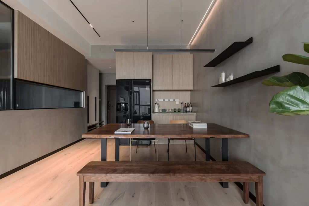 Modern Minimalist Dining Room Neutral Tones Wood Accents