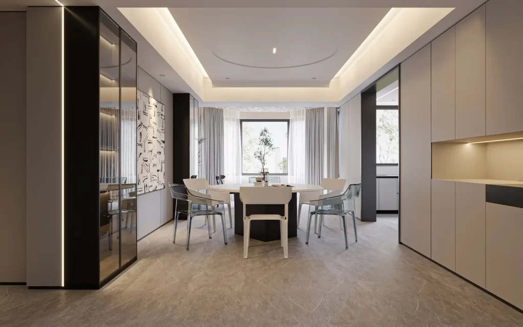 Modern Minimalist Dining Room Neutral White Glass