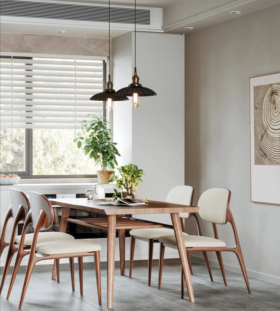 Modern Minimalist Dining Room Neutral Wood Greenery