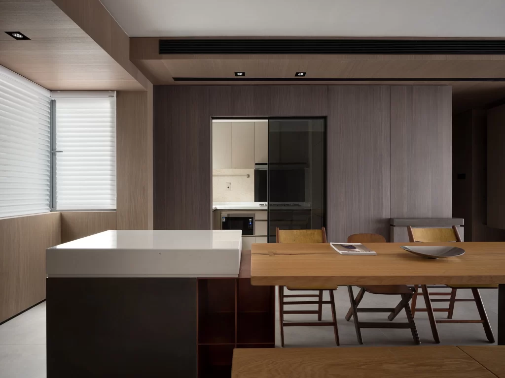 Modern Minimalist Dining Room Neutral Wood Tones Open Concept
