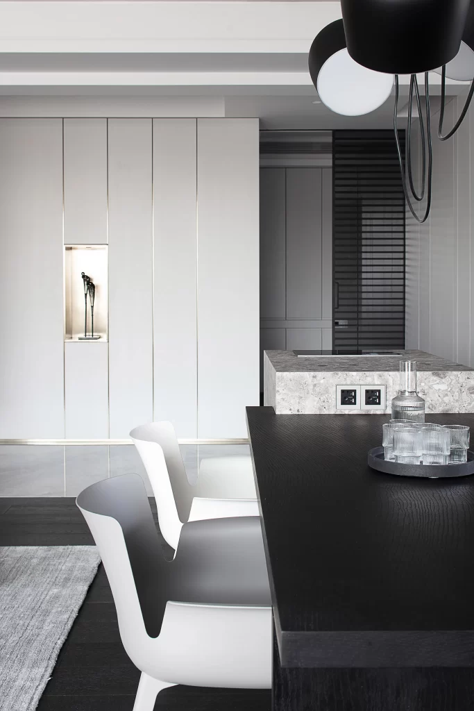 Modern Minimalist Dining Room White Black Neutral Glass