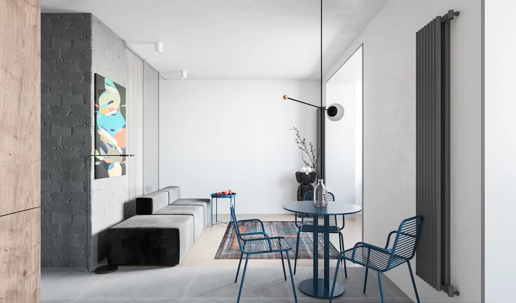 Modern Minimalist Dining Room White Grey Blue Industrial