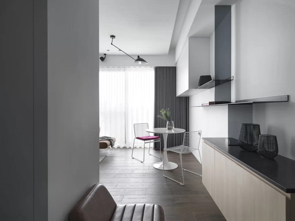 Modern Minimalist Dining Room White Grey Neutral Dark Wood