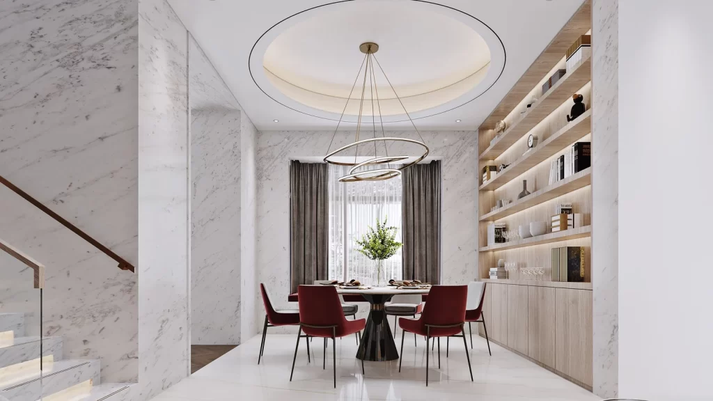 Modern Minimalist Dining Room White Marble Neutral Gold Accents