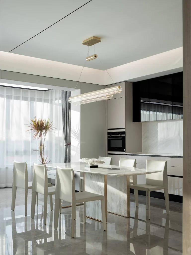 Modern Minimalist Dining Room White Neutral Marble Floor
