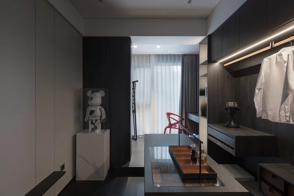 Modern Minimalist Dressing Room Neutral Dark Wood Black White