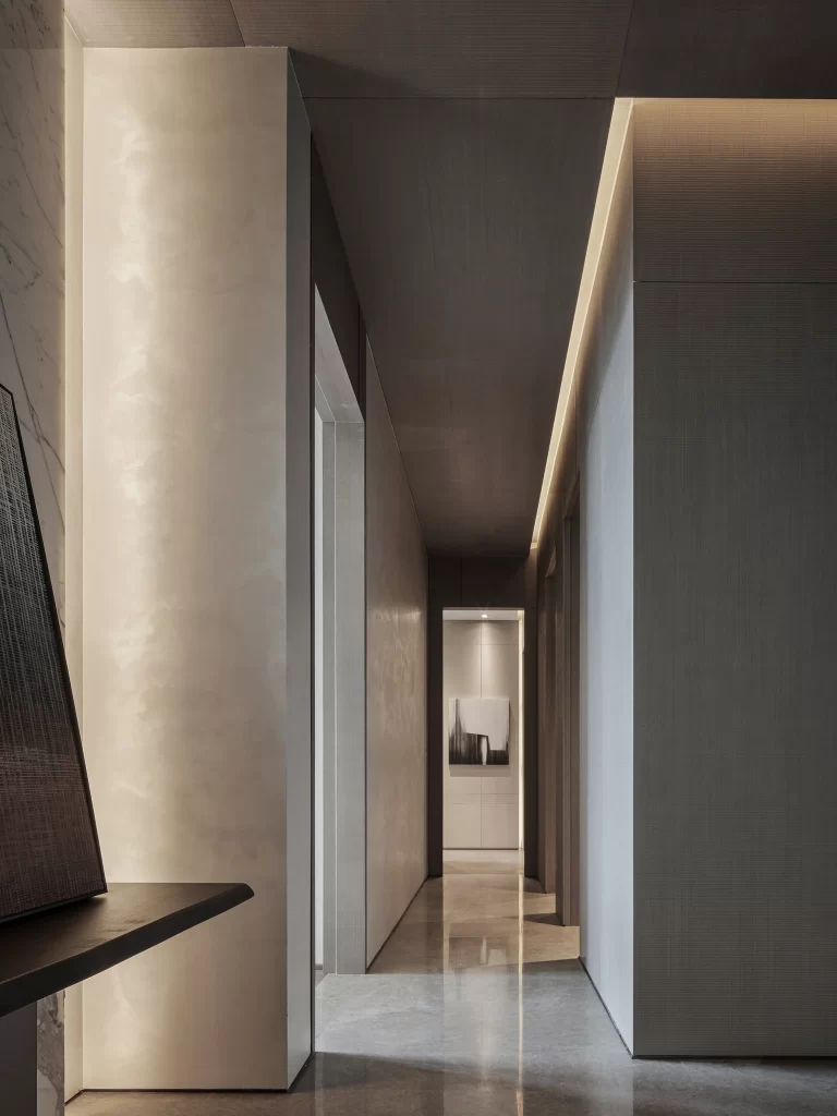 Modern Minimalist Hallway Neutral Beige Grey Soft Lighting