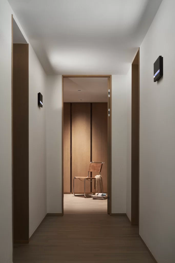 Modern Minimalist Hallway Neutral Beige Wood Paneling