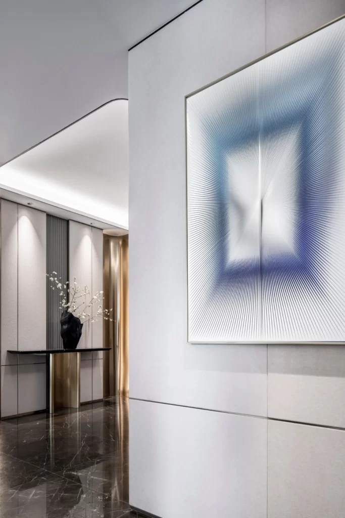 Modern Minimalist Hallway Neutral Blue White Artistic