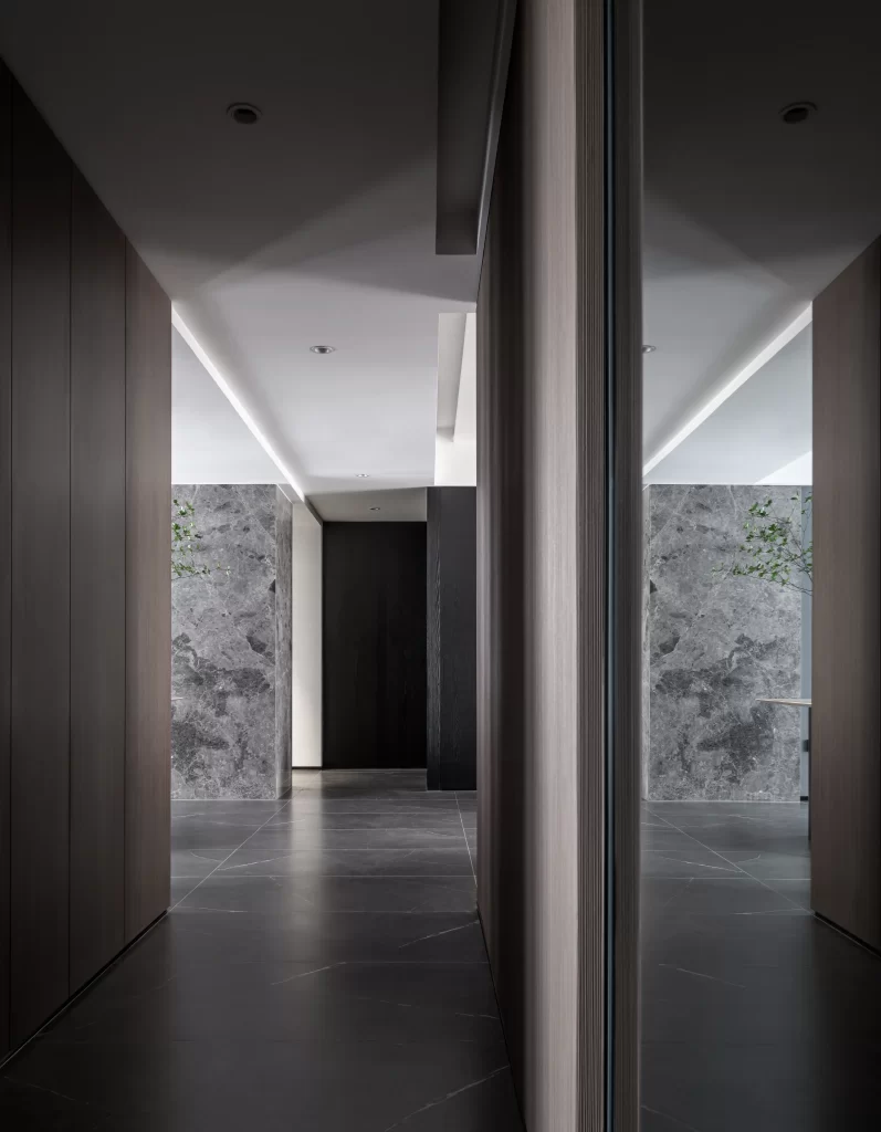 Modern Minimalist Hallway Neutral Dark Tones Sleek Lines