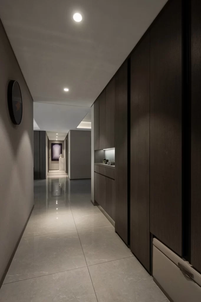Modern Minimalist Hallway Neutral Dark Wood Abstract Art