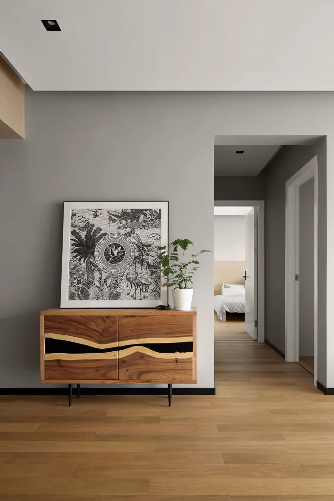 Modern Minimalist Hallway Neutral Grey Light Wood Black Accents