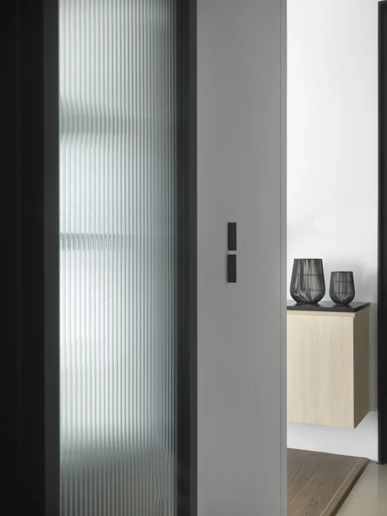 Modern Minimalist Hallway White Neutral Frosted Glass Black Accents
