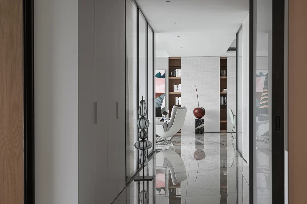 Modern Minimalist Hallway White Neutral Glass Doors Reflective Floor