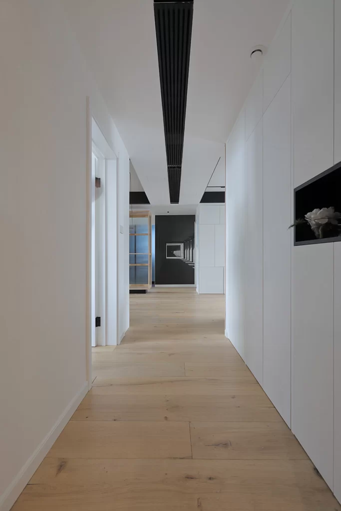 Modern Minimalist Hallway White Neutral Light Wood Black Accents
