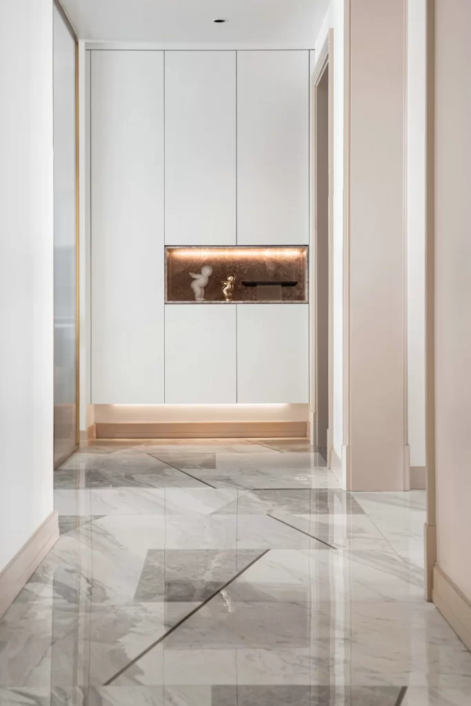 Modern Minimalist Hallway White Neutral Marble Floor Glass