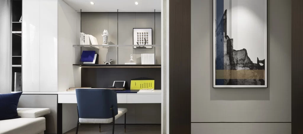 Modern Minimalist Home Office Neutral Tones White Shelving Blue Accents