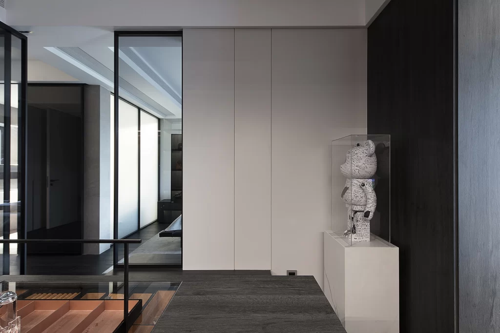 Modern Minimalist Interior Neutral Tones Glass Walls Sculpture