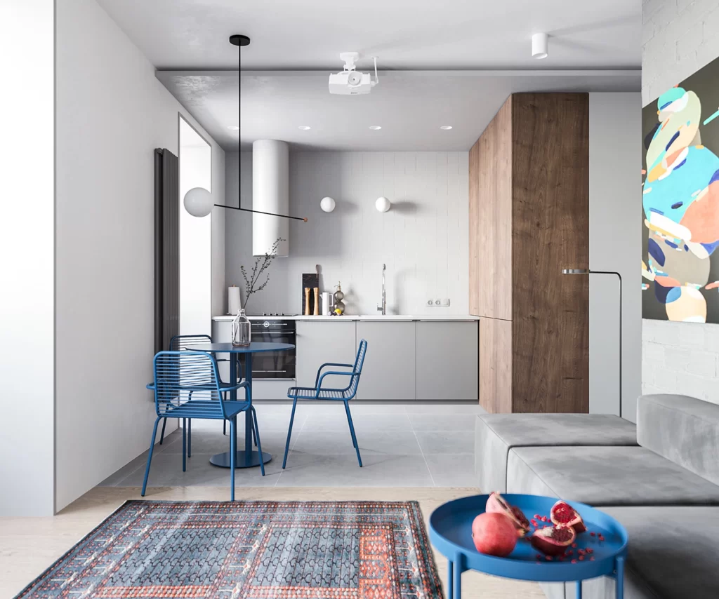 Modern Minimalist Kitchen Blue Grey Neutral Light Wood