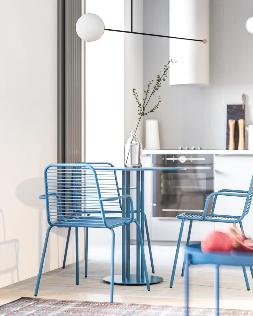 Modern Minimalist Kitchen Blue White Neutral Metal