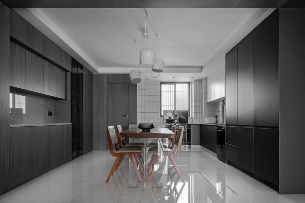 Modern Minimalist Kitchen Dining Area Monochrome Neutral Wood