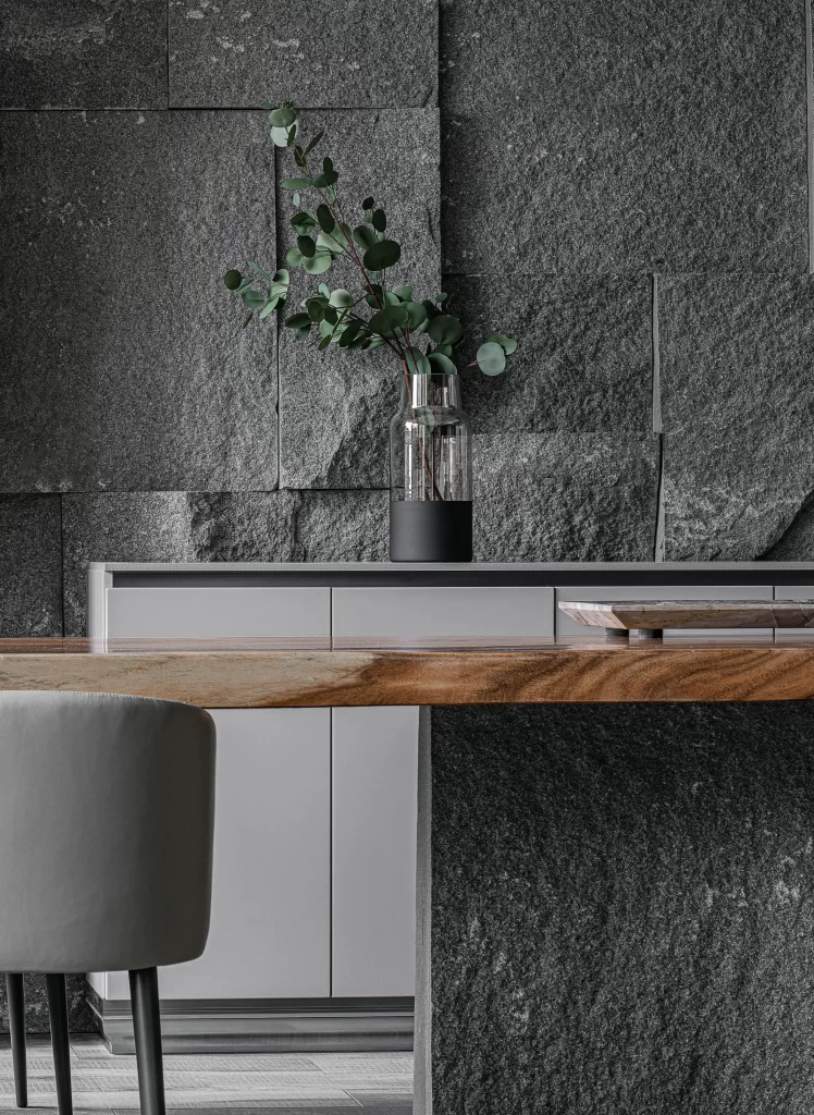 Modern Minimalist Kitchen Grey Neutral Dark Wood Greenery