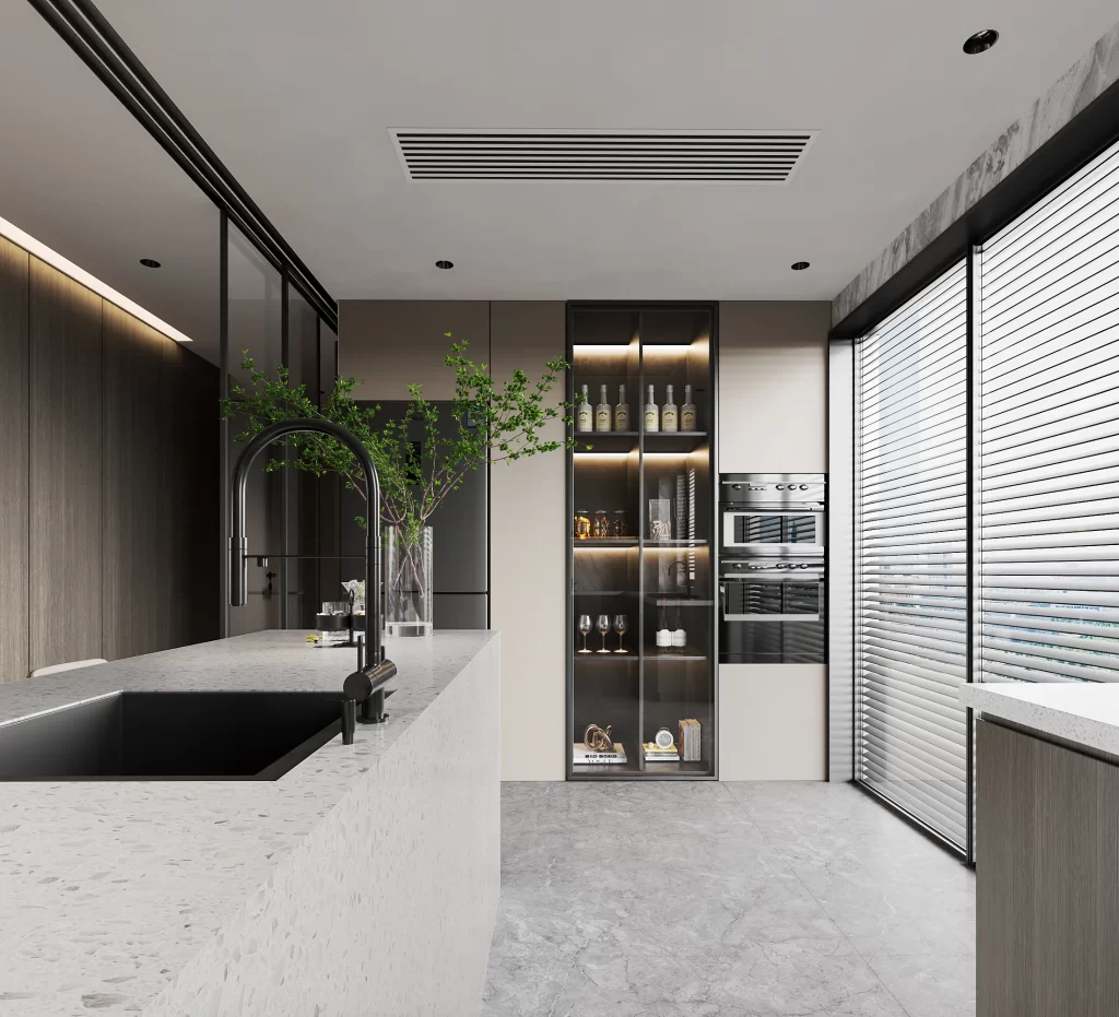 Modern Minimalist Kitchen Neutral Black White Linear Lighting